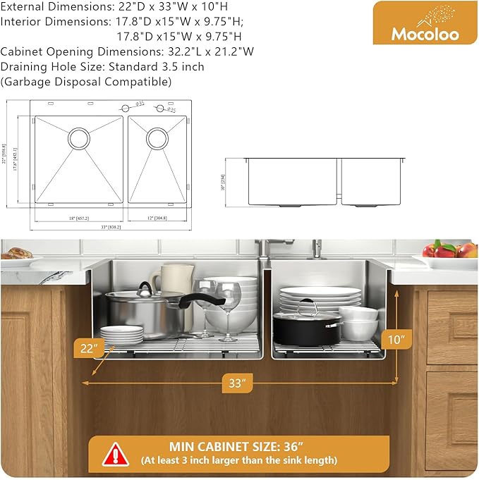 Mocoloo 33 Drop In Kitchen Sink Double Bowl 33