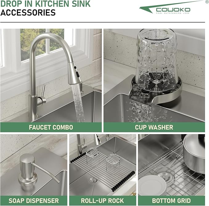 33x22 Drop In Kitchen Sink with Faucet Combo16 Gauge Stainless Steel Single Bowl Kitchen Sink
