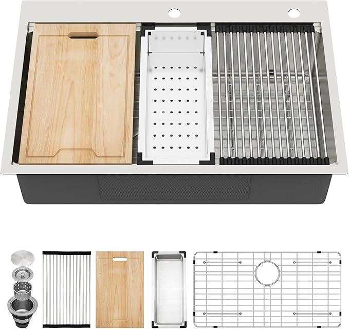 Kichae 33 Inch Drop in Kitchen Sink - 33x19 Drop Sink 16 Gauge Stainless Steel Sink Ledge