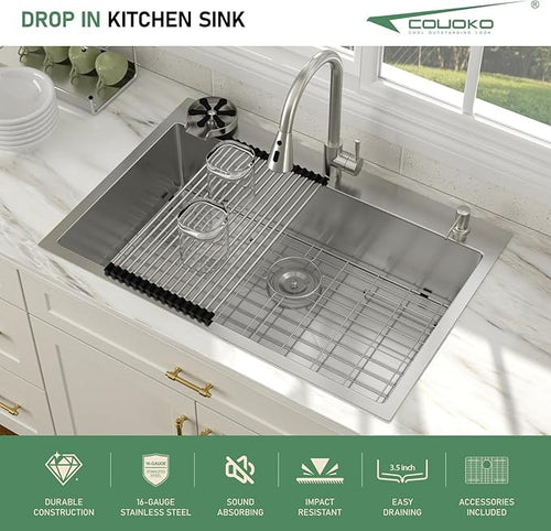 33x22 Drop In Kitchen Sink with Faucet Combo16 Gauge Stainless Steel Single Bowl Kitchen Sink