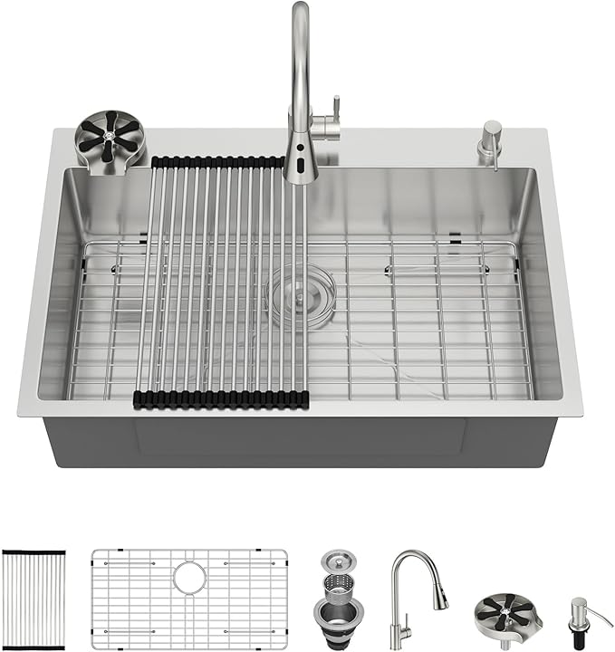 33x22 Drop In Kitchen Sink with Faucet Combo16 Gauge Stainless Steel Single Bowl Kitchen Sink