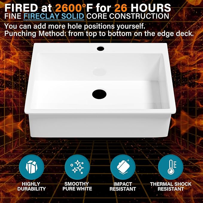 33x22 Drop In Kitchen Sink White 1 Hole, 33 Inch Topmount Fireclay Sink Drop In Single Bowl