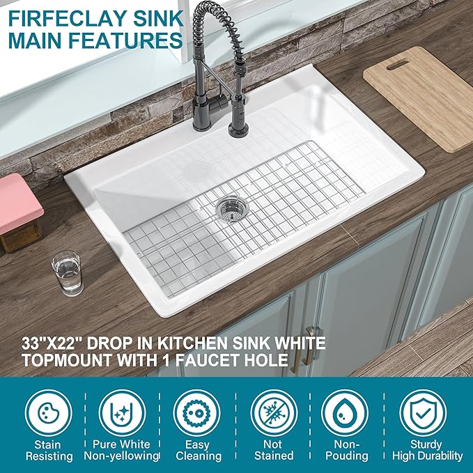 33x22 Drop In Kitchen Sink White 1 Hole, 33 Inch Topmount Fireclay Sink Drop In Single Bowl