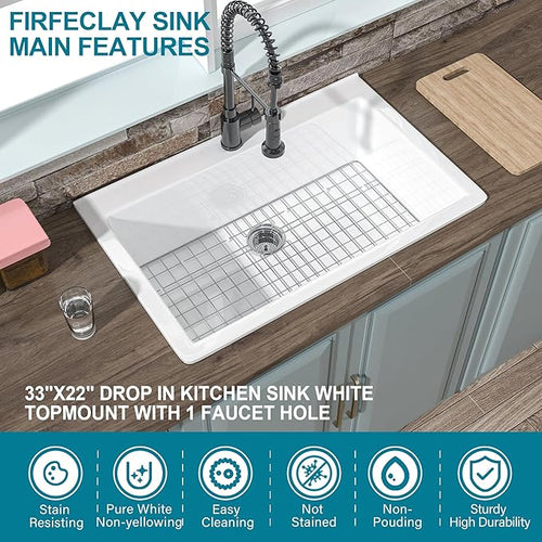33x22 Drop In Kitchen Sink White 1 Hole, 33 Inch Topmount Fireclay Sink Drop In Single Bowl